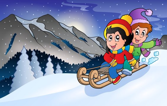 Children on sledge in winter