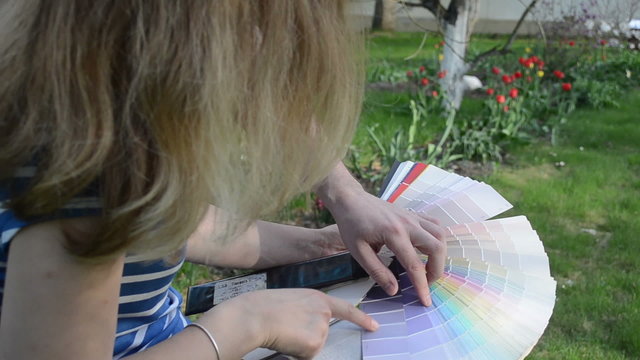 Family man woman choose pick color scale palette spring garden