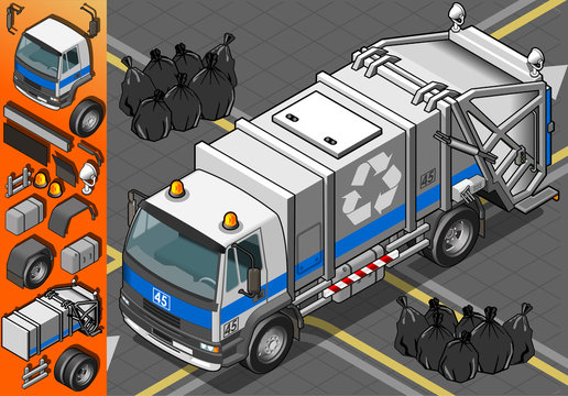 Isometric White Garbage Truck In Front View