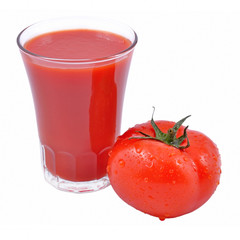 Tomato juice and tomato on a white