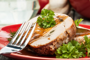 Sliced pork lion roll stuffed with mushrooms