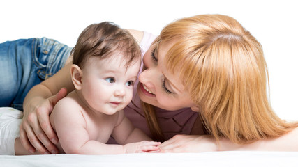 Mother hugging her baby isolated
