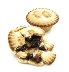 Mince Pie broken in half showing mince on white background