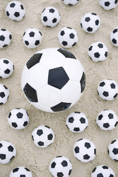 Many Footballs Soccer Balls Different Sizes Beach Sand