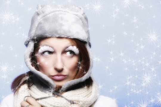 fashion woman warm clothing creative makeup winter background