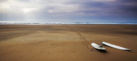 Surfboards beach landscape - surfing art panorama - obrazy, fototapety, plakaty