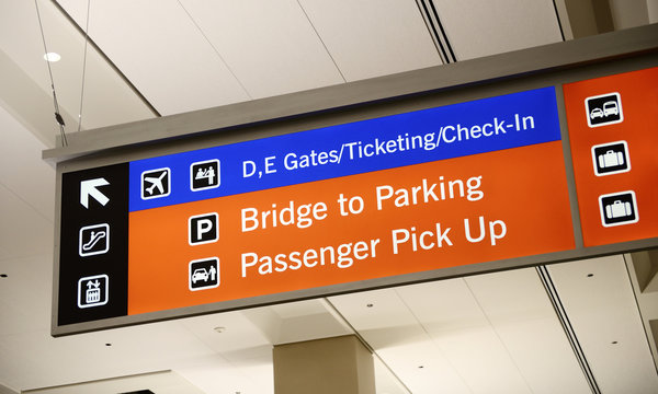 Ticketing, Check-in, and Passenger pick-up sign