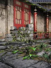 Naklejka premium Azjatycki budynek z bluszczem