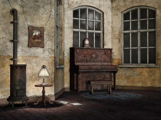 Salon retro z pianinem i starym piecem © Obsidian Fantasy