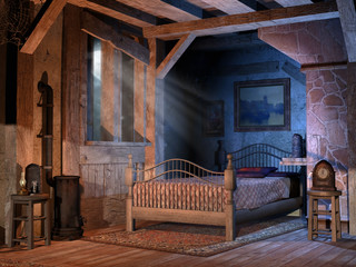 Sypialnia w starej wiejskiej chatce - obrazy, fototapety, plakaty