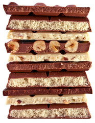 Pieces of white and dark chocolate isolated on white background