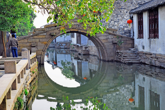 Zhouzhuang, Old bridge  in a village canal.