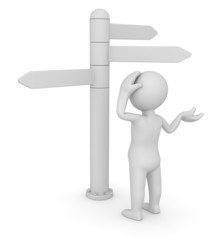 Man and directions sign