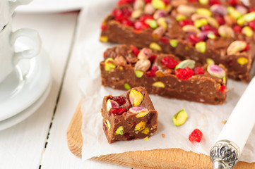 Chocolate Fudge with Glace Cherries, Pistachios and Coconut