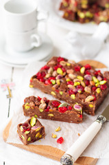 Chocolate Fudge with Glace Cherries, Pistachios and Coconut