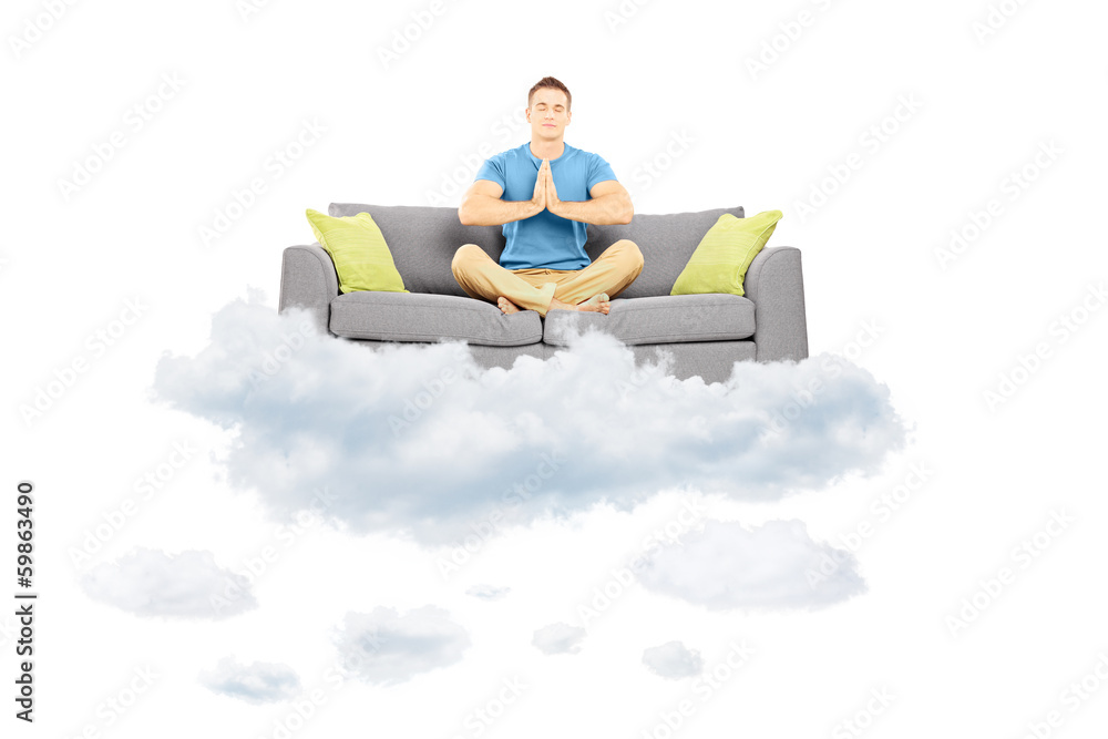 Poster guy meditating on a sofa and floating on a cloud