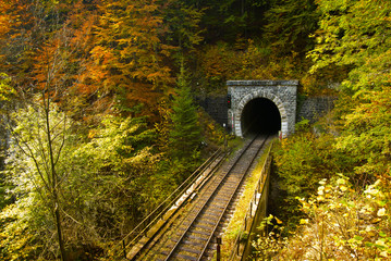 Old brick tunnel in the mountains in autumn