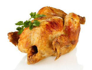 whole roasted chicken with parsley isolated on white