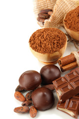 Composition of chocolate sweets, cocoa and spices, isolated