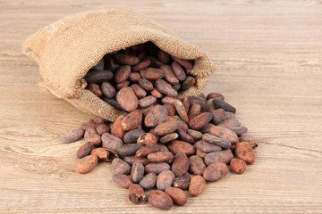 Cocoa beans in bag on wooden background