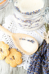 Jar of lavender sugar and fresh lavender flowers