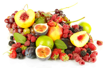 Assortment of juicy fruits and berries, isolated on white
