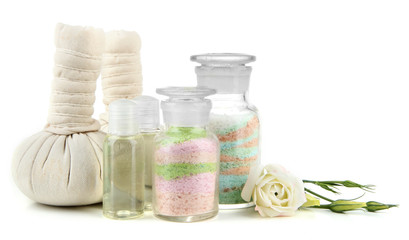 Aromatic salts in glass bottles, isolated on white