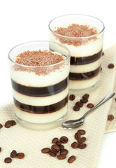 Tasty jelly coffee with milk on table on white background