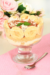 Delicious dessert with banana and caramel
