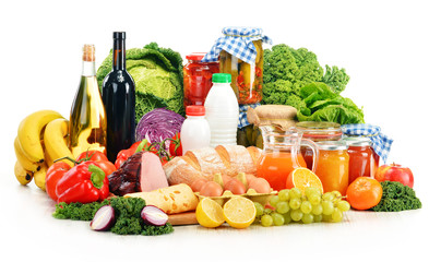 Composition with variety of grocery products isolated on white