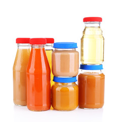 Baby food in glass jars, isolated on white