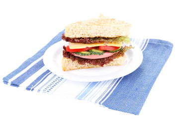 Fresh and tasty sandwich on plate isolated on white