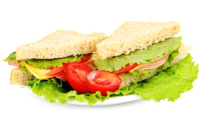 Fresh and tasty sandwiches on plate isolated on white