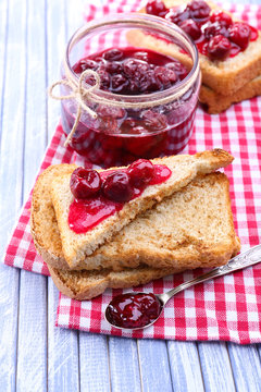 Delicious Toast With Jam On Table Close-up