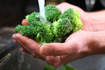 Naklejka na ściany i meble Man's Hands Washing Broccoli Vegetables in Kitchen Sink