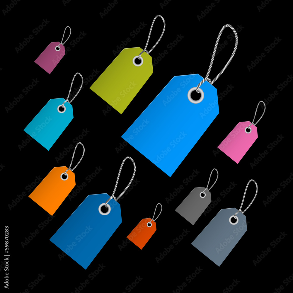 Poster retro paper labels, tags with strings on black background
