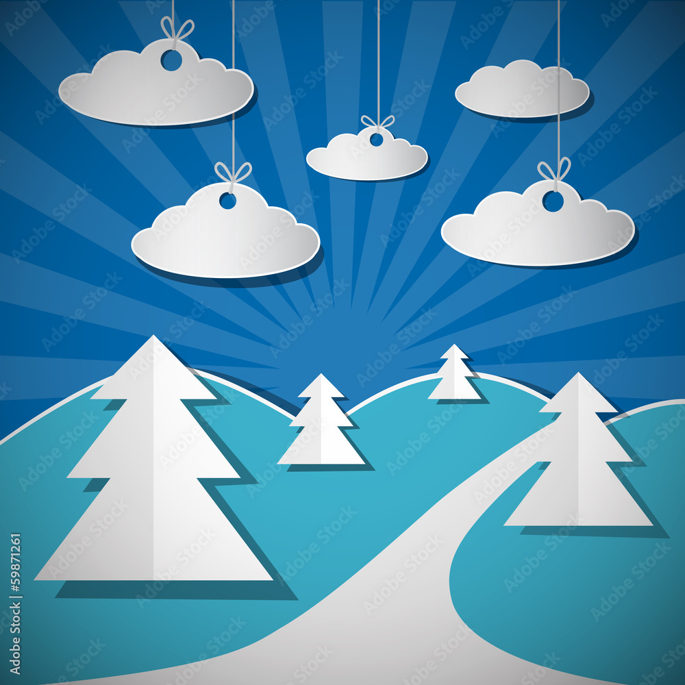 Poster abstract vector retro blue paper nature scene, clouds on strings