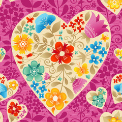 Large heart with flowers on a bright pink seamless background.