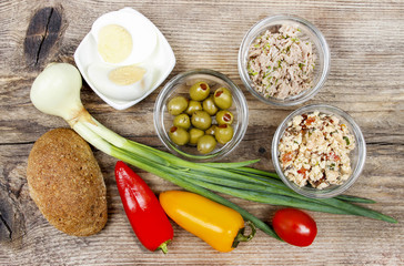 Healthy natural breakfast on wooden table, top view