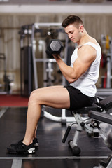 Fototapeta na wymiar Handsome man working with heavy dumbbells in the gym