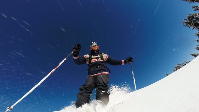 downhill alpine skiing at high speed on powder snow.
