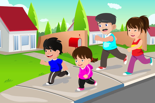 Family running outdoor in a suburban neighborhood