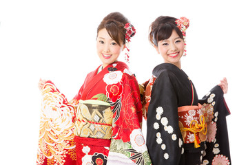 Obraz premium japanese kimono women on white background