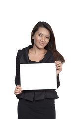 Young Asian businesswoman attractive brunetee showing blank sig