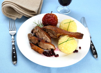 Duck leg with potato dumplings, red apple and cranberries