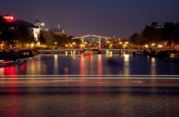 Fototapeta na wymiar Illuminated Magere Brug or Skinny Bridge of Amsterdam