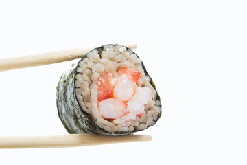 Sushi roll with soba noodles isolated on white background