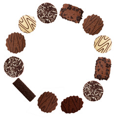 Chocolate biscuits circle for frame etc, white background