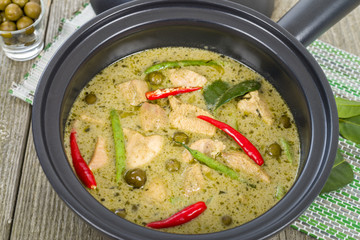 Thai green chicken curry with baby aubergines and snake beans