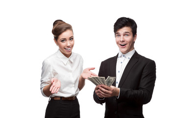young happy business people holding money